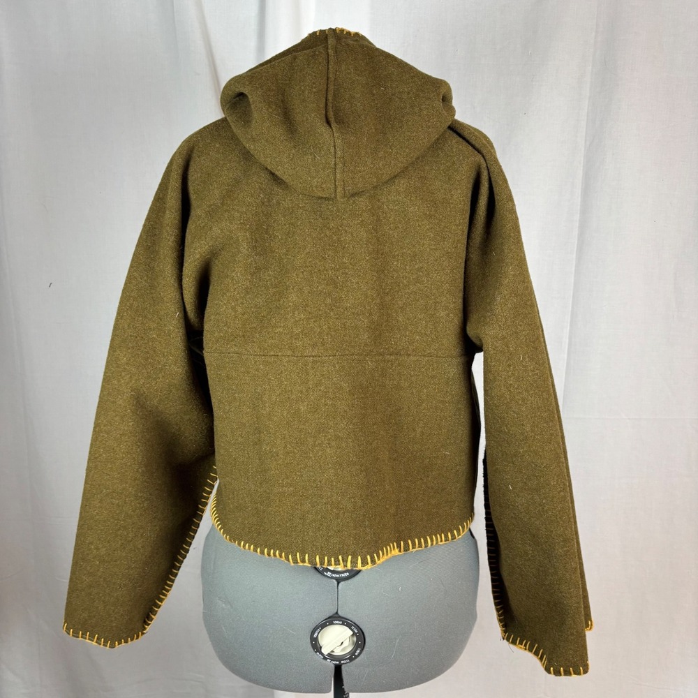 Handcrafted Olive Green Wool Hooded Cropped Bog Jacket with Yellow Stitching | L - Picture 5 of 16